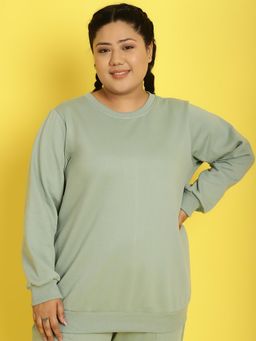 theRebelinme - Plus Women's Light Green Solid Color Knitted Fleece Sweatshirt