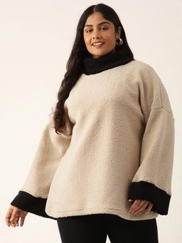 theRebelinme - Plus Size Women's Off-White Solid Color Teddy Winter Sweatshirt