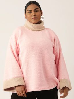 theRebelinme - Plus Size Women's Pink Solid Color Teddy Winter Sweatshirt
