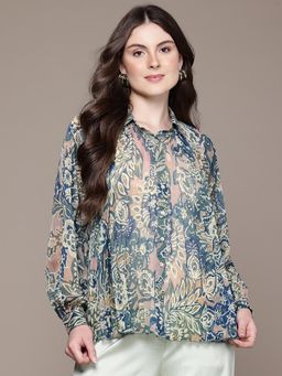 Label Ritu Kumar - Collar Neck Full Sleeves Floral Printed Shirt with Inner