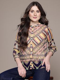 Label Ritu Kumar - Band Collar Full Sleeves Printed Shirt with Inner