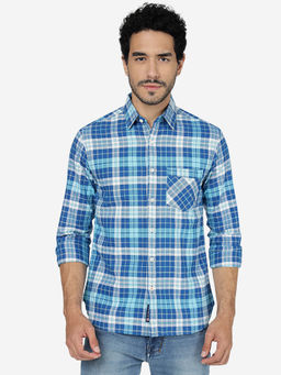 Greenfibre - Men Cotton Checked Imperial Blue Slim Fit Full Sleeve Casual Shirt