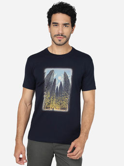 JadeBlue - Men Cotton Graphic Printed Navy Blue Slim Fit Half Sleeve T-Shirt