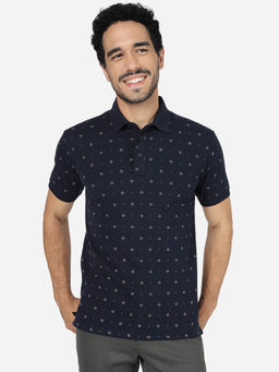 JadeBlue - Men Cotton Printed Navy Blue Slim Fit Half Sleeve Polo T-Shirt