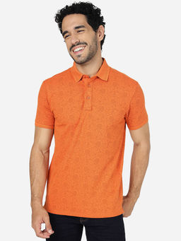 JadeBlue - Men Cotton Floral Printed Burnt Orange Slim Fit Half Sleeve Polo T-Shirt