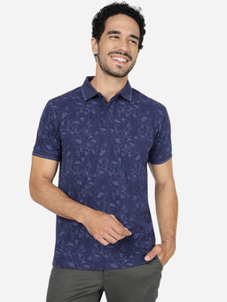 Greenfibre - Men Cotton Blend Floral Printed Estate Navy Blue Slim Fit Half Sleeve Polo T-Shirt
