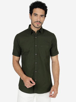 JadeBlue - Men Cotton Solid Green Slim Fit Half Sleeve Casual Shirt