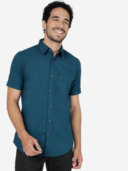 JadeBlue - Men Cotton Checked Petrol Teal Blue Slim Fit Full Sleeve Casual Shirt