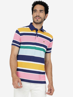 JadeBlue - Men Cotton Striped Multi-Color Slim Fit Half Sleeve Polo T-Shirt