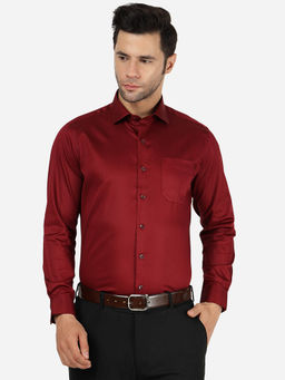Greenfibre - Men Cotton Blend Solid Maroon Slim Fit Full Sleeve Formal Shirt