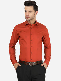 JB Studio - Men Cotton Printed Orange Slim Fit Full Sleeve Formal Shirt