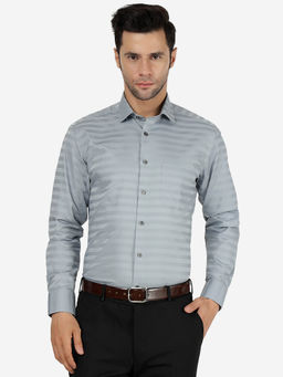 Greenfibre - Men Cotton Blend Striped Grey Regular Fit Full Sleeve Formal Shirt