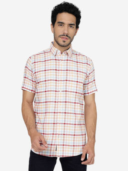 JadeBlue - Men Cotton Checked Orange Slim Fit Half Sleeve Casual Shirt