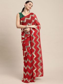 VAIRAGEE - Red Geometric Embellished Saree with Unstitched Blouse