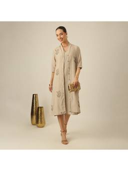 Saltpetre - Women's Organic Cotton Long Shirt Overlay - Greige With Embroidery
