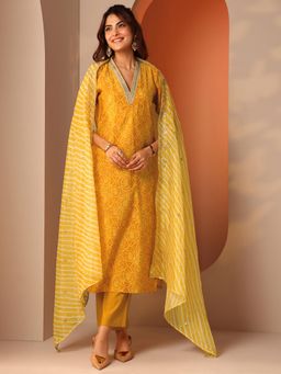 Libas - Yellow Bandhani Printed Straight Kurta and Pant with Dupatta (3XL)