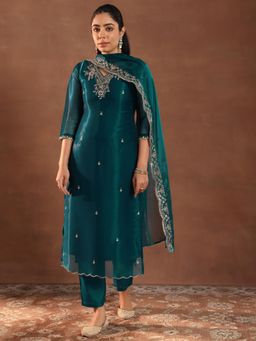 Libas - Teal Yoke Embroidered Straight Kurta and Pant with Dupatta (XS)