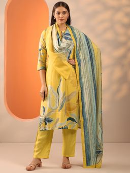Libas - Yellow Floral Printed Straight Kurta and Pant with Dupatta (3XL)