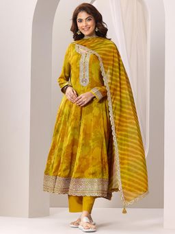 Libas - Mustard Floral Printed Anarkali Kurta and Pant with Dupatta (XS)