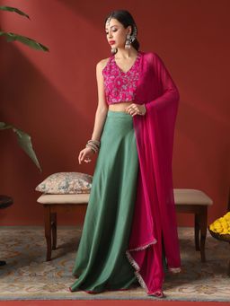 Globus - Women Pink Embroidered Blouse & Lehenga with Dupatta