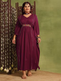 Miss Chase - A+ Curve Collection Plus Size Women'S Wine V-Neck Ethnic Kaftan Dress