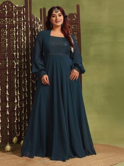 Miss Chase - A+ Curve Collection Plus Size Women's Teal Georgette Ethnic Dress