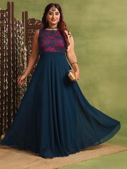 Miss Chase - A+ Curve Collection Plus Size Women's Teal Floral Fit & Flare Ethnic Dress