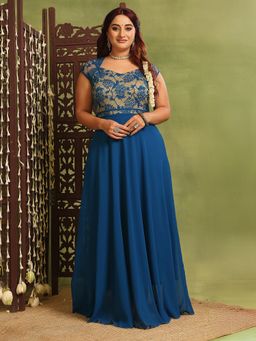 Miss Chase - A+ Curve Collection Plus Size Women's Royal Blue Fit & Flare Ethnic Dress