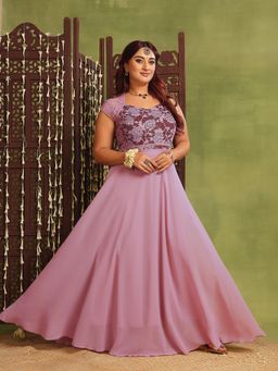 Miss Chase - A+ Curve Collection Plus Size Women's Lavender & Wine Floral Ethnic Dress