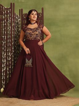 Miss Chase - A+ Curve Collection Plus Size Women's Wine & Beige Flared Ethnic Dress