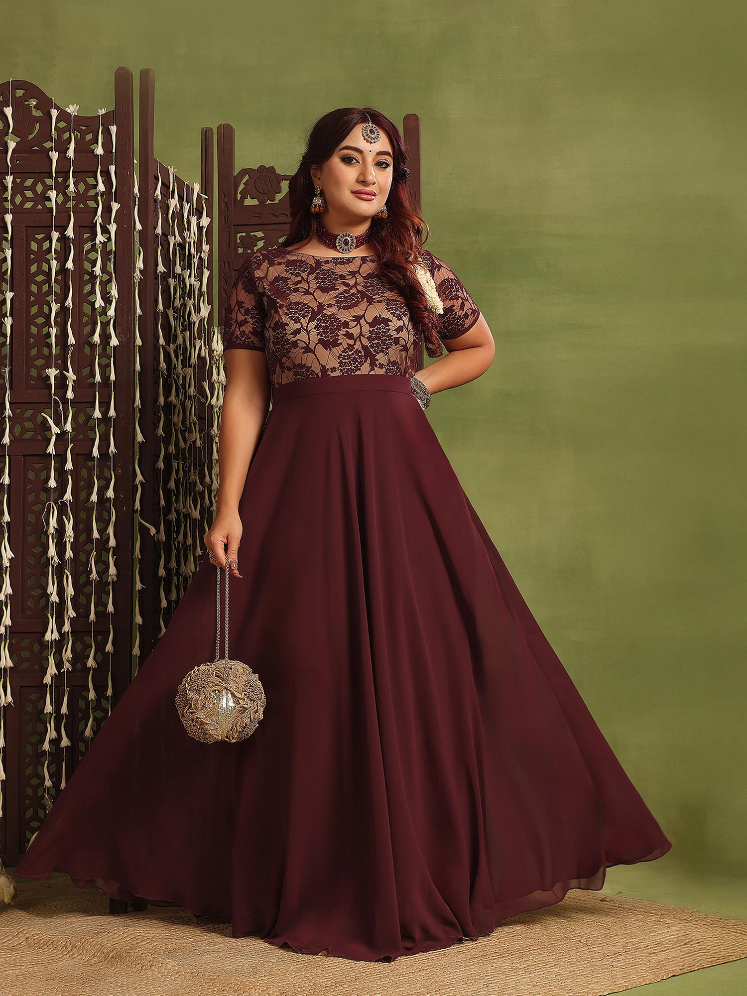 miss chase A+ Curve Collection Plus Size Women's Wine & Beige Georgette Ethnic Dress-picture-13