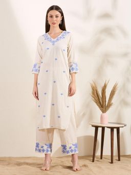 FASHOR - Solid Floral Embroidered Straight Fit Co-Ord Set - Off White