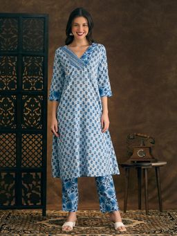 FASHOR - Ethnic Floral Printed and Embroidered A-Line Flared Kurta with Pant - Blue