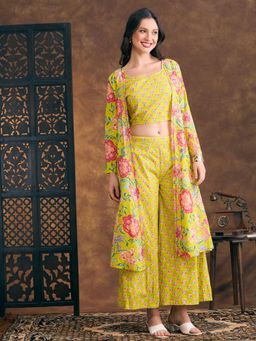 FASHOR - Ethnic Floral Printed Crop Top and Palazzo with Long Jacket- Lime Green