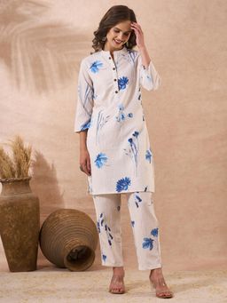 FASHOR - Floral Printed Straight Fit Cotton Crepe Co-Ord Set - White