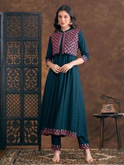 FASHOR - Leheriya Printed Anarkali Flared Kurta and Pant with Embroidered Jacket - Teal