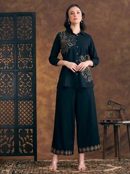 FASHOR - Solid Thread Work Embroidered Straight Fit Co-Ord Set - Teal