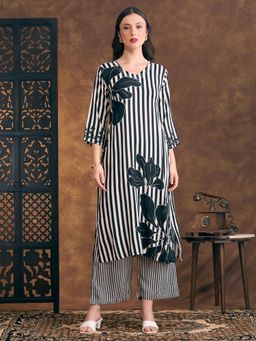 FASHOR - Ethnic Floral and Stripes Printed Straight Fit Kurta with Pant - Black