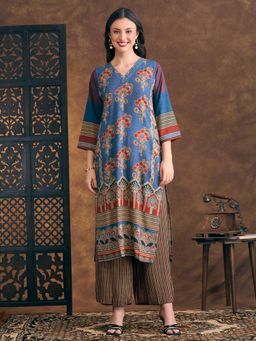 FASHOR - Floral Printed Embroidered Straight Fit Kurta with Pant - Teal