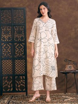 FASHOR - Printed Straight Fit Co-Ord Set - Off White