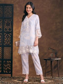 FASHOR - Printed and Mirror Embroidered Straight Fit Co-Ord Set - Blue