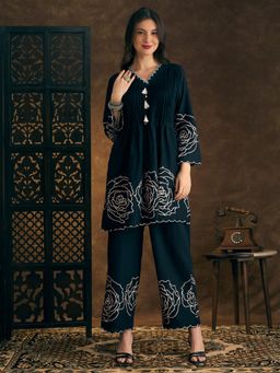 FASHOR - Floral Printed and Embroidered A-Line Co-Ord Set- Black