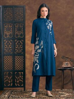 FASHOR - Solid Thread Work Sequin Work Embroidered A-Line Co-Ord Set - Teal Blue