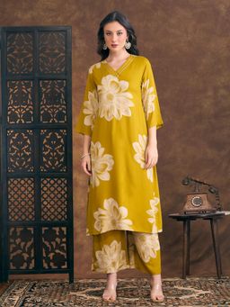 FASHOR - Floral Printed Straight Fit Co-Ord Set - Yellow