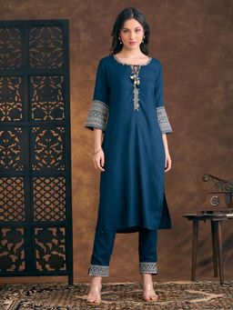FASHOR - Solid Ethnic Resham and Zari Embroidered Straight Fit Co-Ord Set - Teal