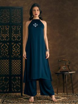 FASHOR - Solid Mirror Embroidered A-Line Panelled Co-Ord Set - Teal Blue