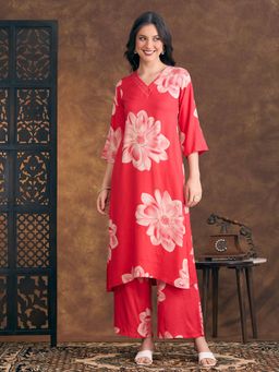 FASHOR - Floral Printed Straight Fit Co-Ord Set - Coral