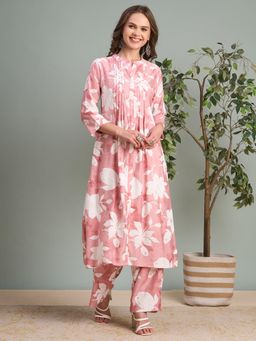 FASHOR - Floral Foil Printed A-Line Co-Ord Set - Pink