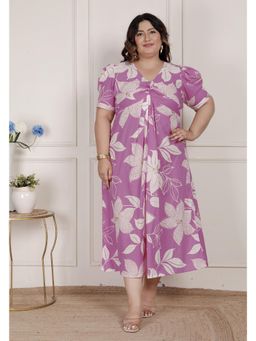 Miravan - Women's Plus Size Floral Printed Pure Cotton Midi Dress - Purple