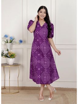 Miravan - Womens Purple Bandhani Printed A-Line Midi Dress